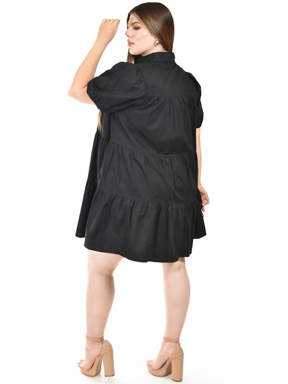 Black Tiered Button-Front Shirt Dress - Picture 2 of 4